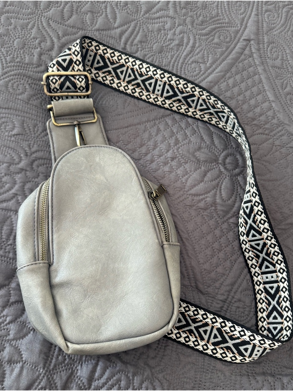 Gray Crossbody Sling Bag with Patterned Strap